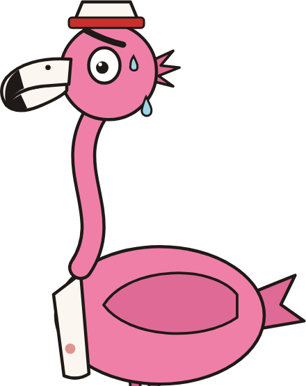 Kevin, a nervous pink flamingo in a paper deli hat