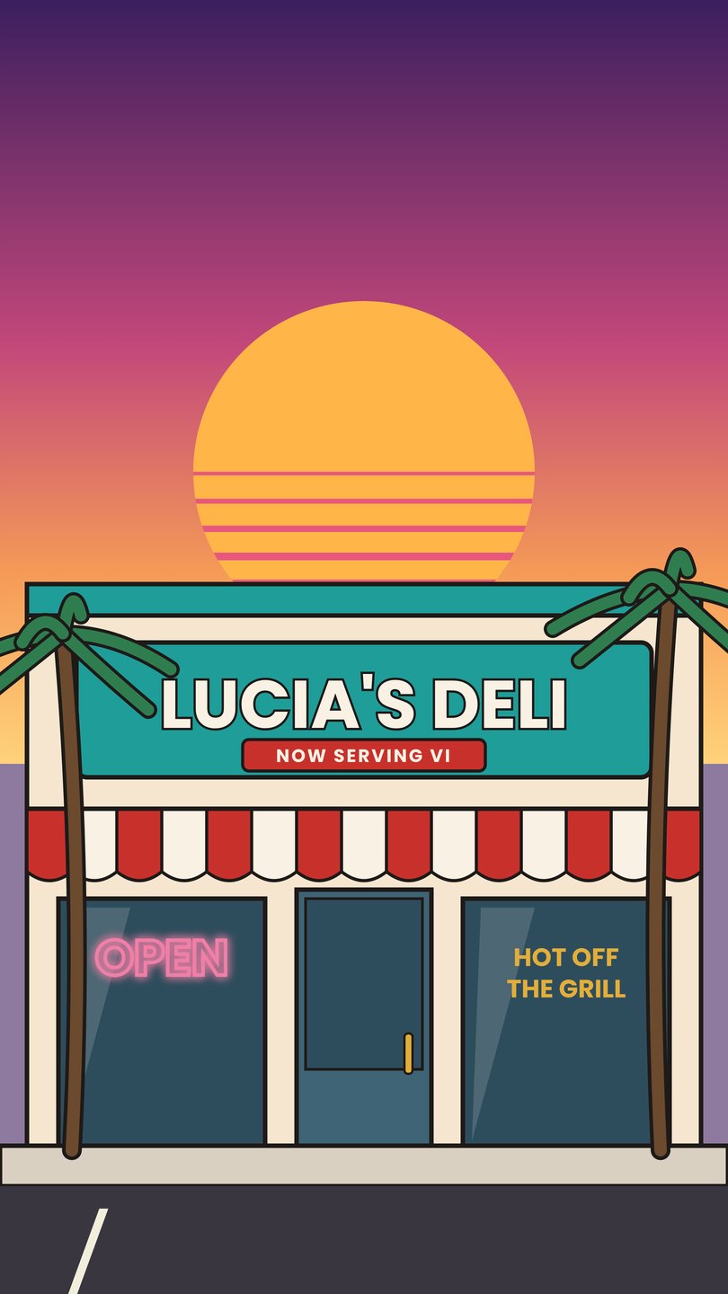 The Lucia's Deli storefront at sunset, palm trees out front, red and cream awning, OPEN sign in the window